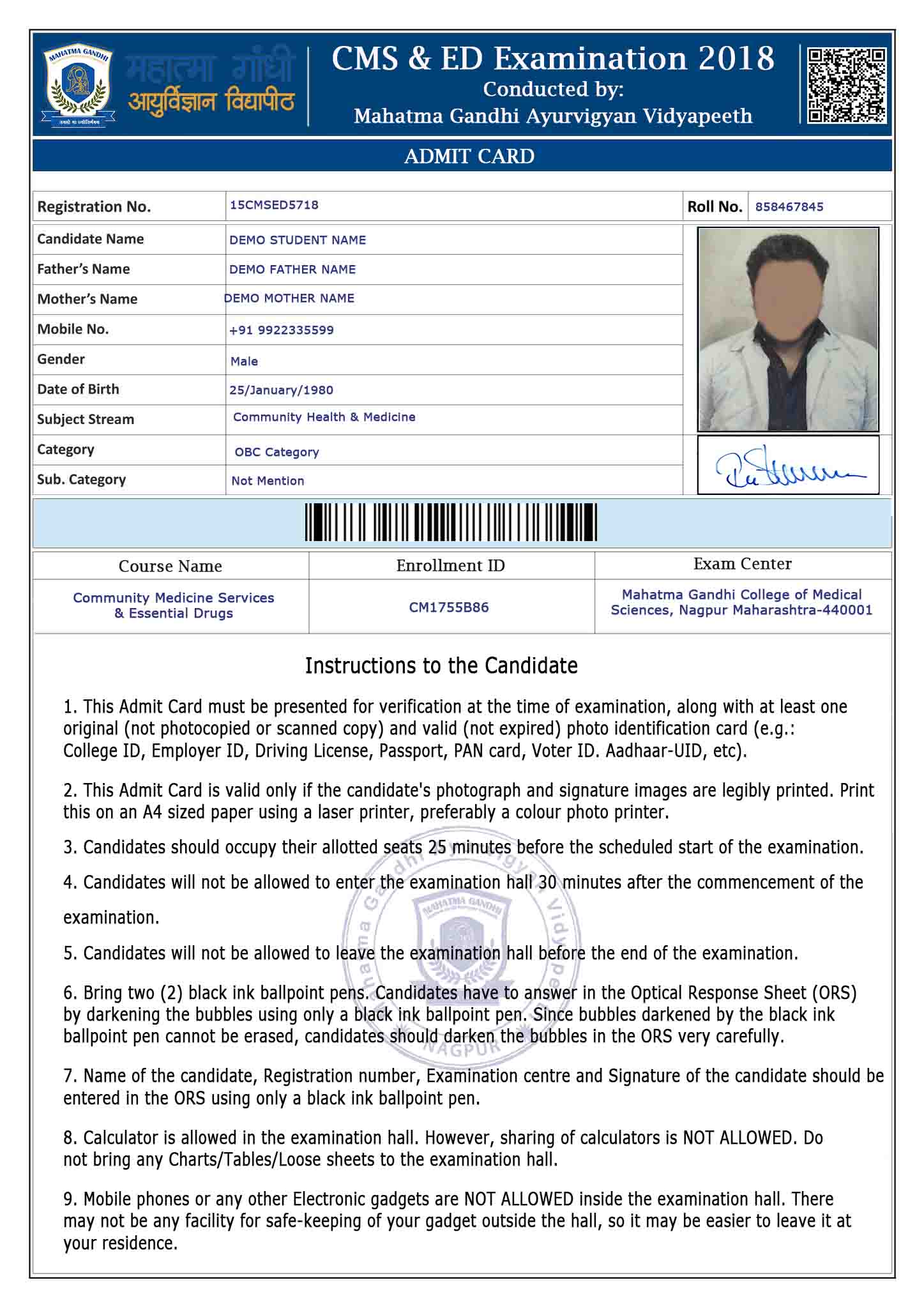 ADMIT CARD CMSED DEMO